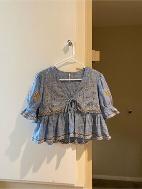 Free People Blue Embroidered Peasant Blouse, size Xs